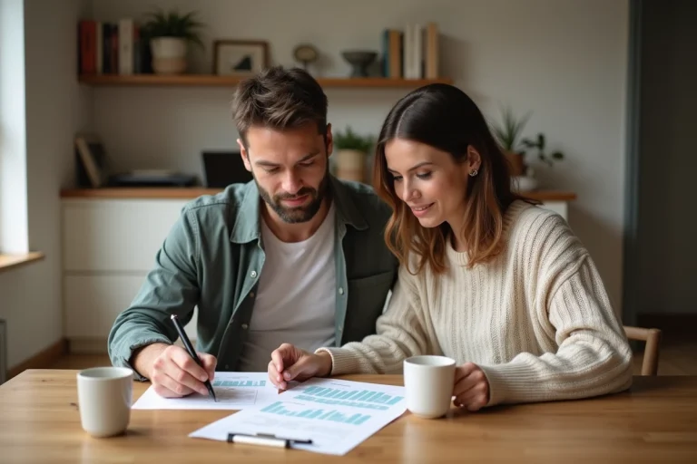 Couple étudiant des documents de crédit immobilier à leur table en bois dans un appartement moderne