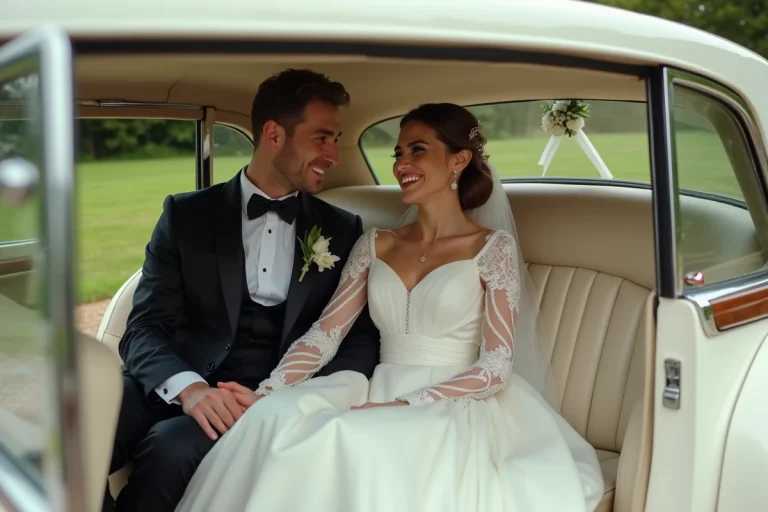 Couple de mariés assis dans une voiture de mariage vintage décorée, souriant et tenant leurs mains, photographie réaliste prise de l'extérieur du véhicule
