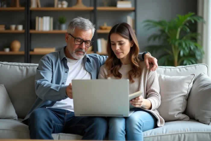 Deux adultes consultant ensemble un ordinateur portable pour trouver des sites alternatifs sécurisés et légaux pour accéder à des contenus en ligne
