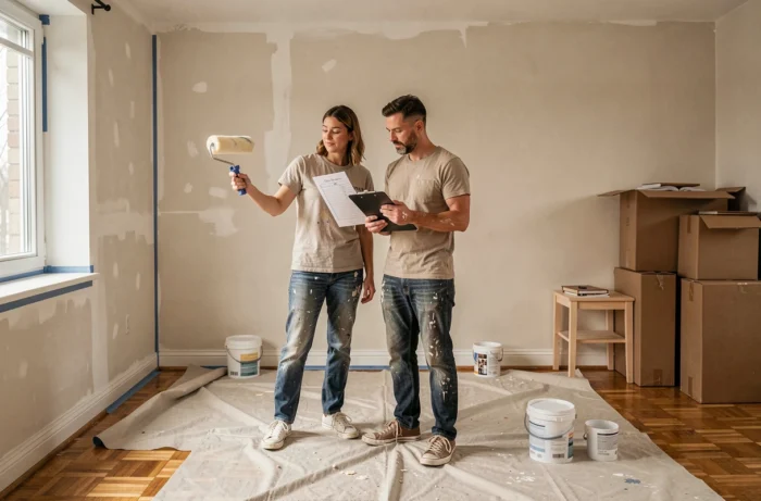 Couple en train de peindre les murs d'un salon lors de travaux de rénovation intérieure