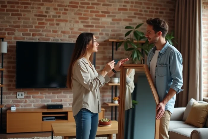 Couple discutant du placement d'un miroir face à leur télévision dans un salon loft urbain aux tons chaleureux