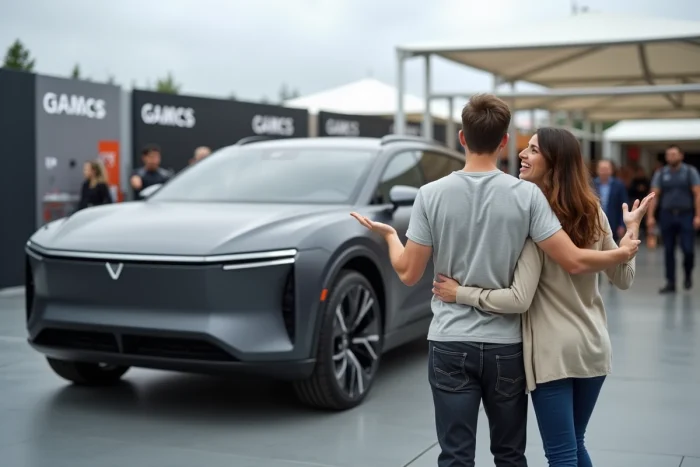 Couple découvrant un SUV électrique conceptuel lors d'un salon automobile en plein air