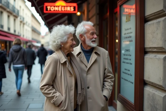 Couple de seniors devant l'affiche d'un cinéma consultant les films disponibles avec tarif réduit