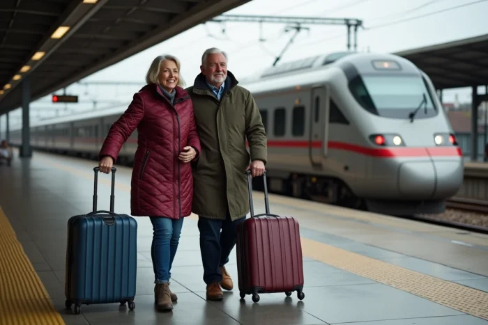Couple de seniors sur un quai de gare TGV en France avec leurs bagages, bénéficiant des réductions de la carte senior SNCF