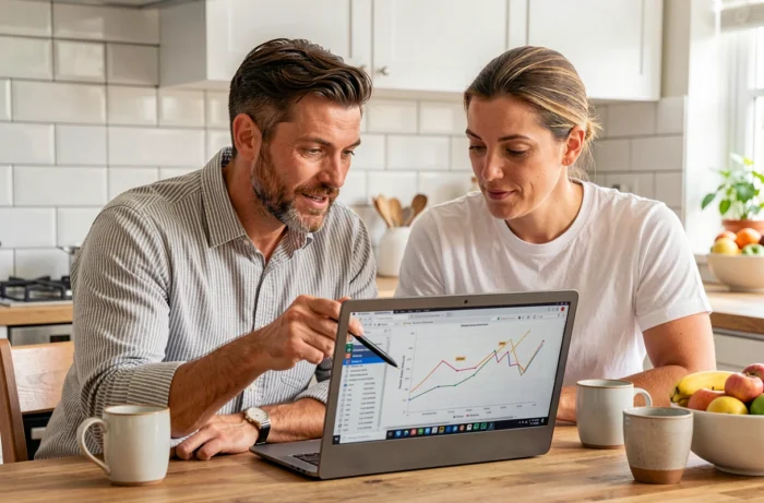 Couple évaluant ensemble les résultats d'un simulateur en ligne sur un ordinateur portable dans leur cuisine pour planifier une estimation financière