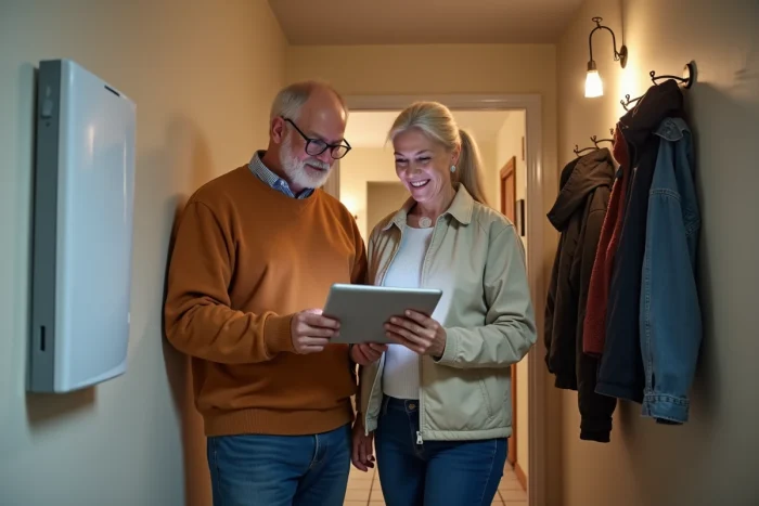 Couple consultant un tableau électrique et une tablette pour gérer une résiliation de contrat EDF