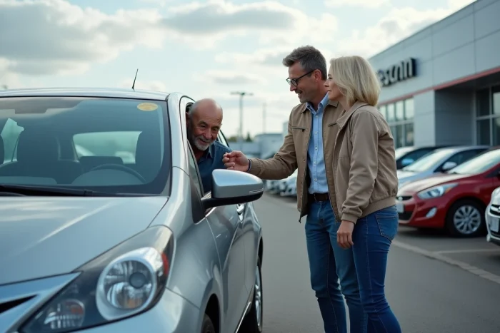 Couple visitant un parc automobile en plein air d'une concession pour choisir un véhicule