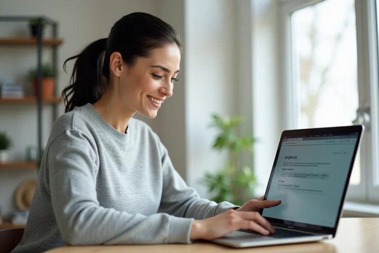 Femme effectuant une demande de carte grise en ligne sur un ordinateur portable depuis son bureau à domicile