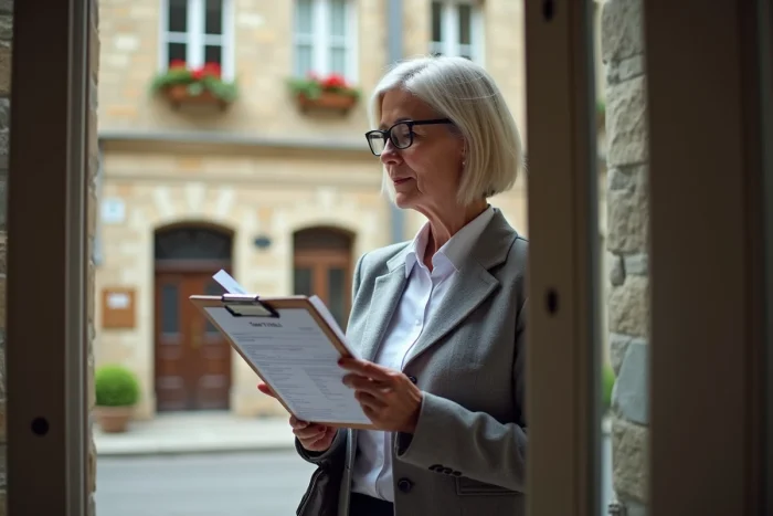 Responsable associative consultant des formulaires administratifs devant une mairie d'une commune française