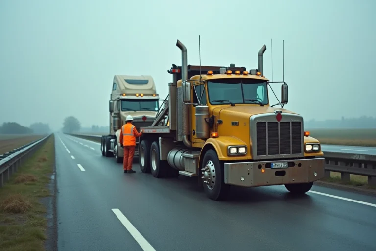 Opérateur de dépannage professionnel attachant une barre de remorquage à un poids lourd en panne sur une autoroute française