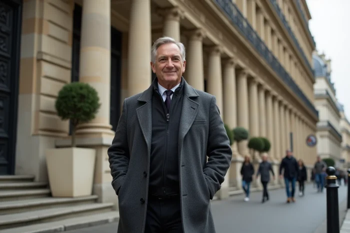 Dirigeant d'entreprise devant un immeuble haussmannien parisien symbolisant la richesse et le prestige du secteur hôtelier de luxe en France