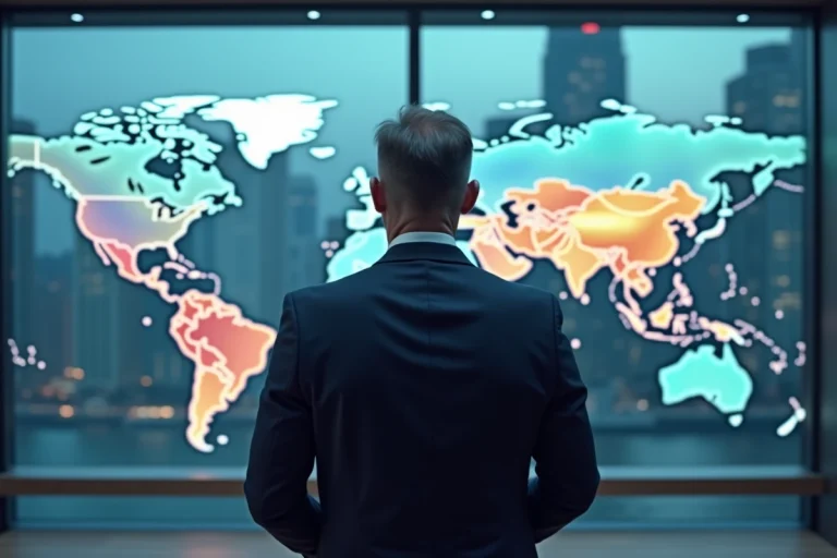 Économiste devant un écran de données sur le PIB mondial et les classements des économies internationales