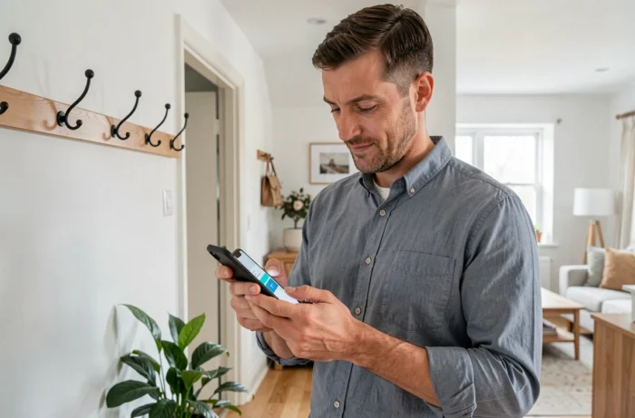 Employé à domicile vérifiant ses horaires et plannings sur son smartphone via l'espace salarié en ligne