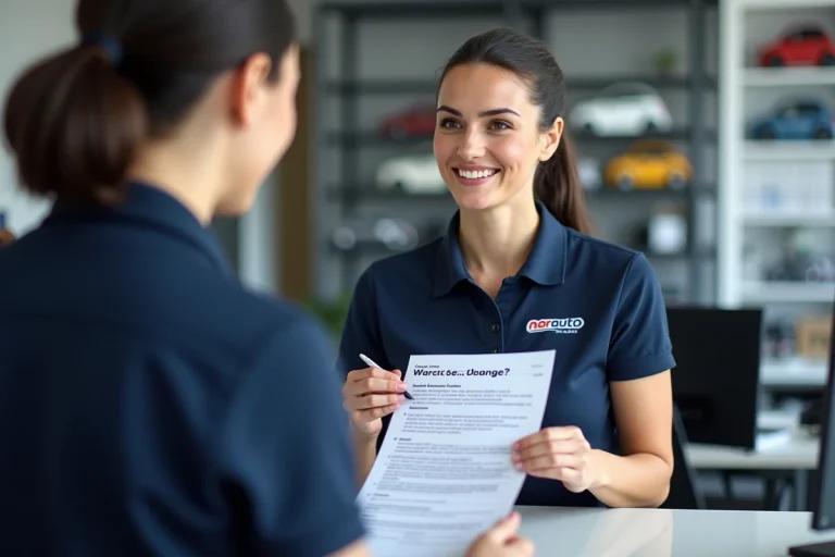 Employée Norauto aidant un client pour un changement d'adresse sur une carte grise au comptoir du centre auto