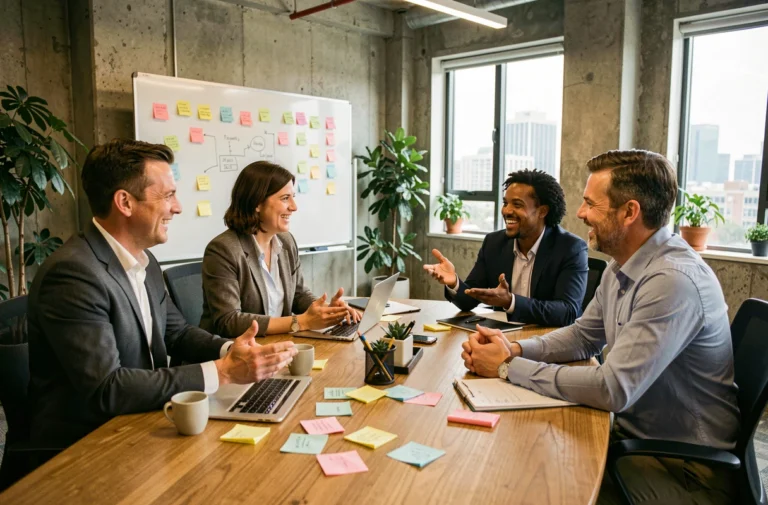 Équipe de collaborateurs engagés dans une réunion participative autour d'une table de conférence en entreprise