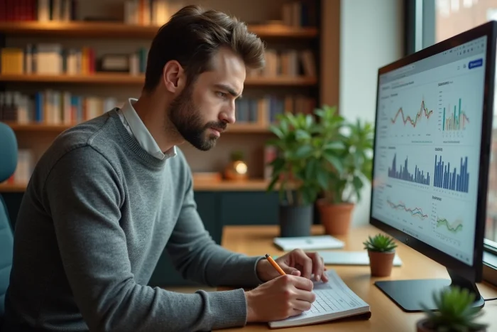 Entrepreneur concentré analysant des données business sur un écran dans un bureau à domicile moderne
