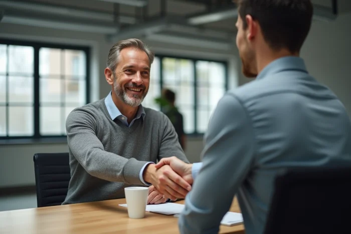 Candidat souriant lors d'un entretien d'embauche dans un bureau moderne et épuré