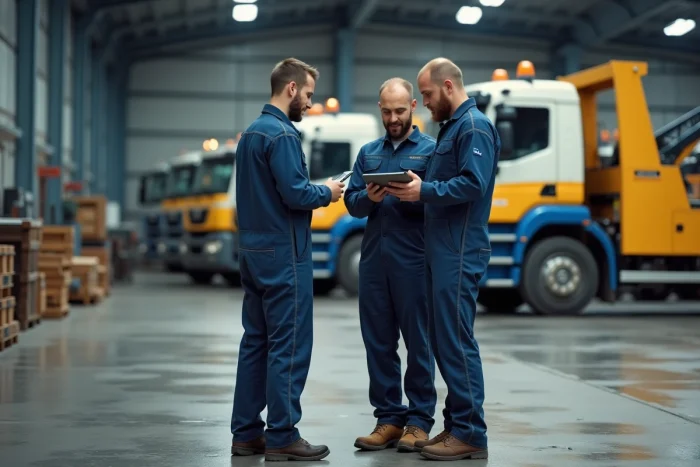 Deux mécaniciens de remorquage consultant une tablette devant une flotte de camions dans un dépôt industriel français