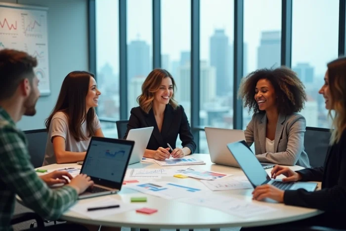 Une équipe de professionnels du numérique collabore autour d'une stratégie de visibilité digitale dans une salle de réunion moderne
