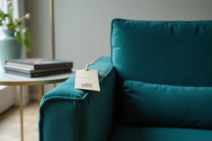 Étiquette de prix réduit sur un fauteuil design Roche Bobois en velours dans un showroom épuré