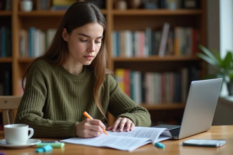 Jeune femme étudiant le code de la route avec un livret imprimé et un ordinateur portable affichant un PDF de révision pour le permis de conduire