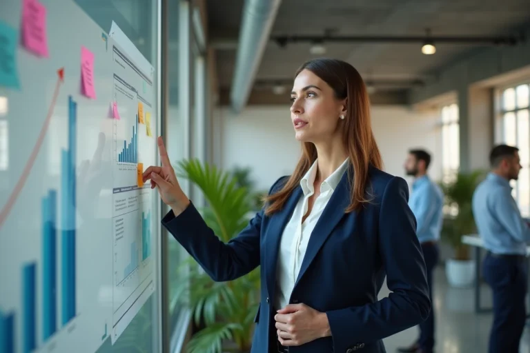 Femme d'affaires confiante présentant une stratégie de croissance sur un tableau blanc dans un bureau moderne