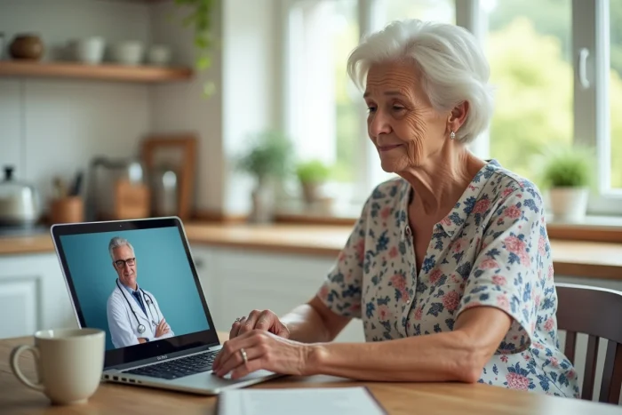 Femme âgée en téléconsultation médicale via l'application Livi sur ordinateur portable dans sa cuisine