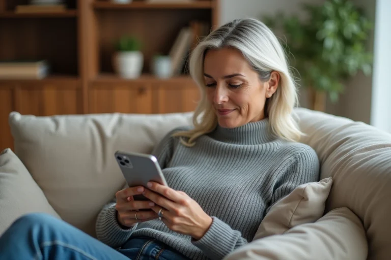 Femme utilisant l'application de téléconsultation médicale Livi sur smartphone dans son salon