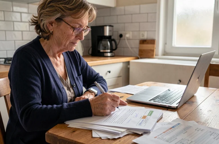 Femme remplissant une attestation d'hébergement à la main sur une table de cuisine avec des documents administratifs