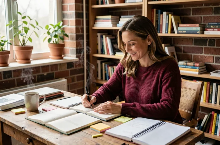 Femme écrivant dans un journal dans un bureau créatif et chaleureux, illustrant la diversité des rubriques d'un blog personnel