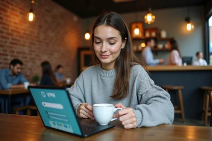Femme utilisant une tablette dans un café pour rechercher des alternatives sécurisées à des sites de téléchargement ou streaming