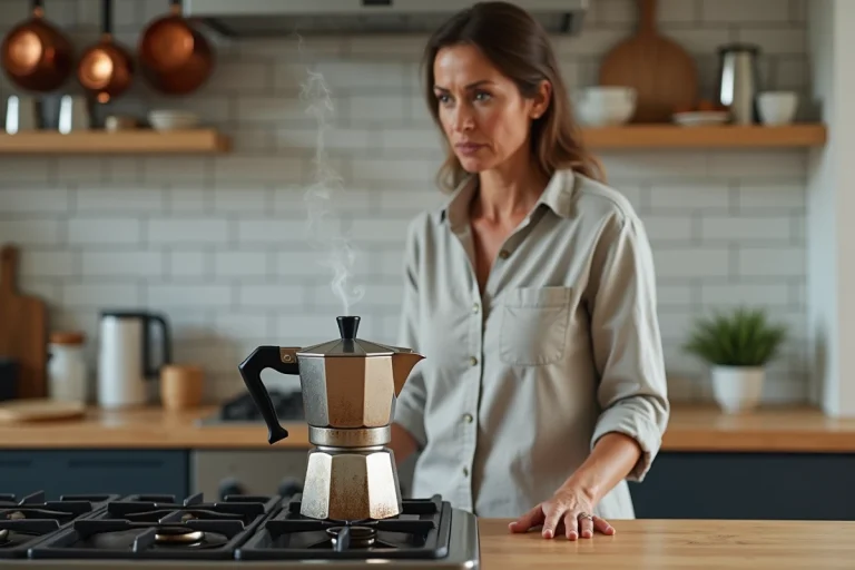 Femme surveillant une cafetière moka sur un brûleur à gaz dans une cuisine moderne, vapeur visible et expression attentive