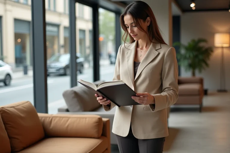 Femme consultant un catalogue Roche Bobois dans un showroom de mobilier design moderne