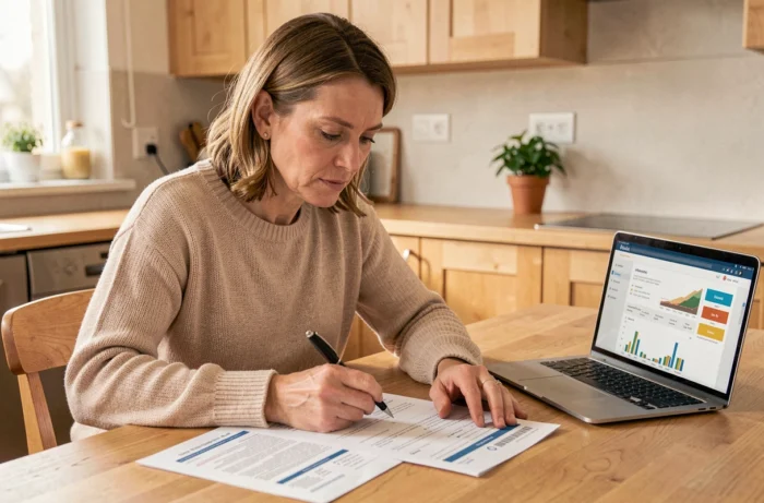 Femme de 40 ans comparant des offres d'assurance sur des documents papier à une table de cuisine moderne pour faire des économies