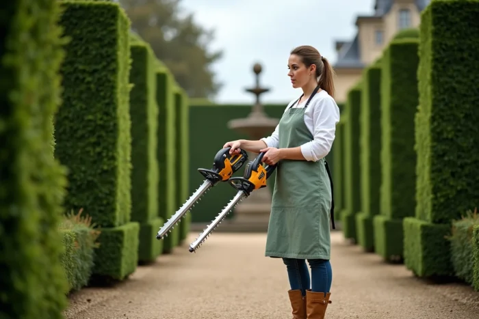 Femme comparant deux modèles de taille-haie dans un jardin à la française avec des topiaires et une allée en gravier