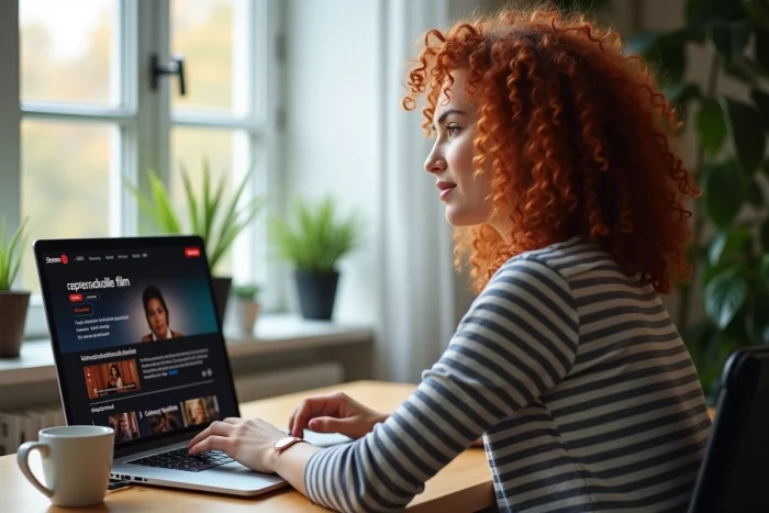 Femme configurant les addons Stremio sur son ordinateur portable pour le streaming de films français