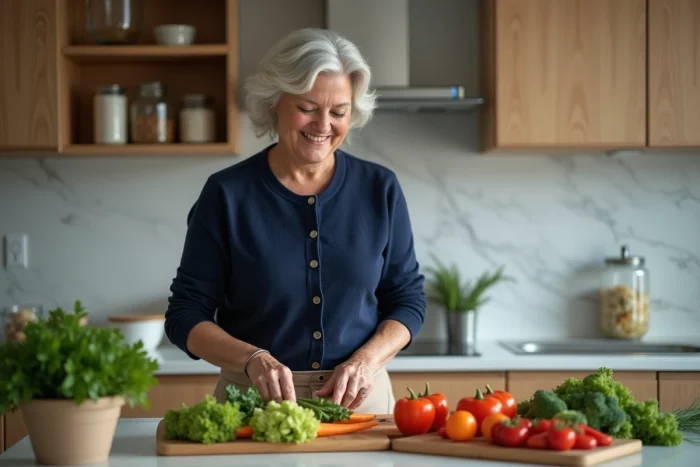 Femme mature préparant une salade de légumes frais dans une cuisine moderne, illustrant une alimentation saine au quotidien