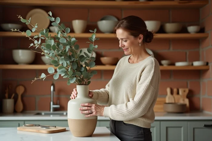 Femme arrangeant des fleurs séchées dans une cuisine rustique chaleureuse avec étagères en bois et carrelage terracotta