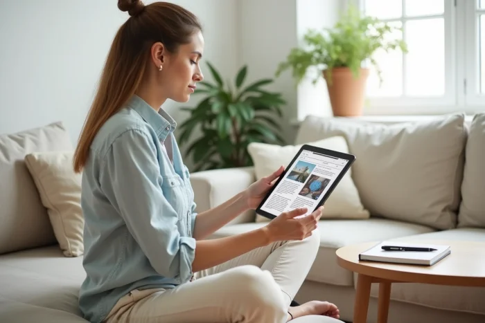 Femme relisant et éditant des articles de blog sur une tablette depuis son salon