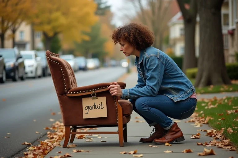 Femme inspectant un fauteuil vintage gratuit déposé sur un trottoir résidentiel avec un panneau fait main