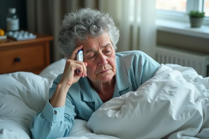 Femme fiévreuse allongée dans son lit tenant un thermomètre, représentant les symptômes caractéristiques du Covid 2026 à surveiller