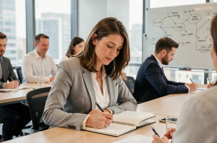 Femme professionnelle prenant des notes lors d'une formation en entreprise dans une salle de conférence moderne