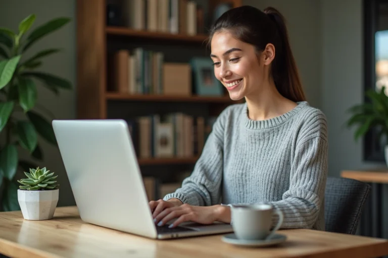 Femme professionnelle gérant son blog sur un ordinateur portable dans un bureau à domicile moderne