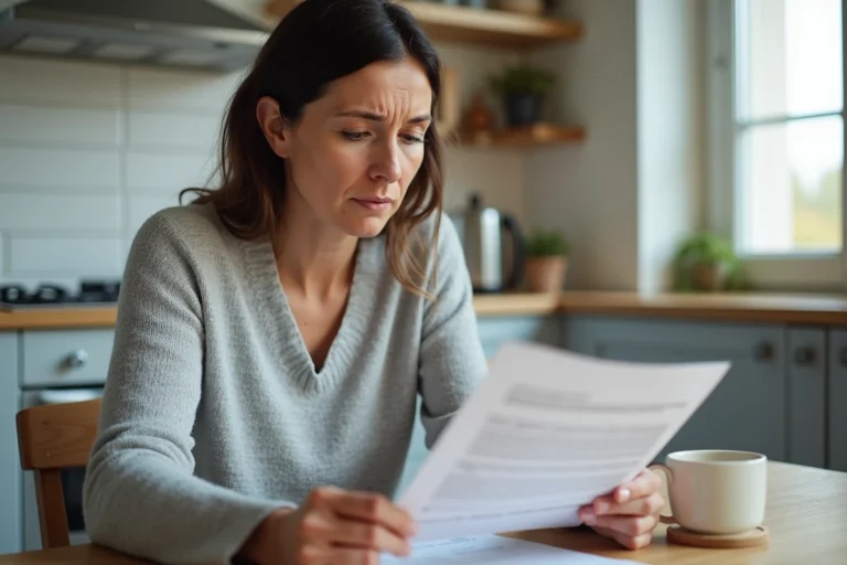 Femme inquiète tenant une lettre de résiliation accidentelle de contrat EDF dans sa cuisine