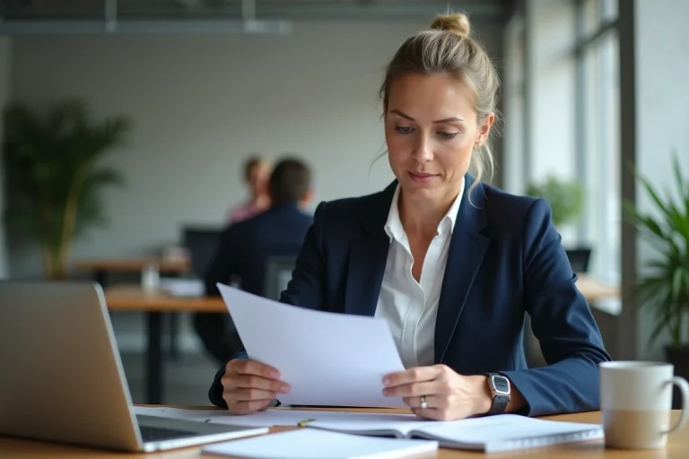 Femme professionnelle en blazer marine travaillant à son bureau dans un open space moderne, entourée d'outils de travail essentiels comme un ordinateur portable et un agenda