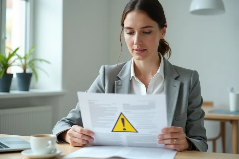 Femme professionnelle en bureau consultant un document Word avec symbole d'attention imprimé