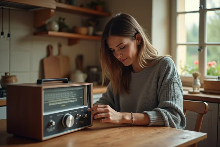 Femme écoutant une radio FM vintage dans une cuisine de campagne française