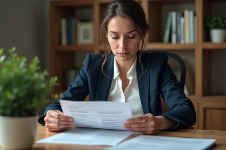 Femme professionnelle en reconversion relisant son CV dans un bureau à domicile bien rangé
