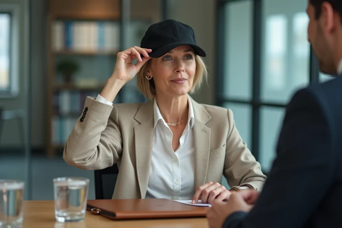 Femme enlevant sa casquette avant une réunion professionnelle en entreprise, bonnes pratiques et étiquette au bureau