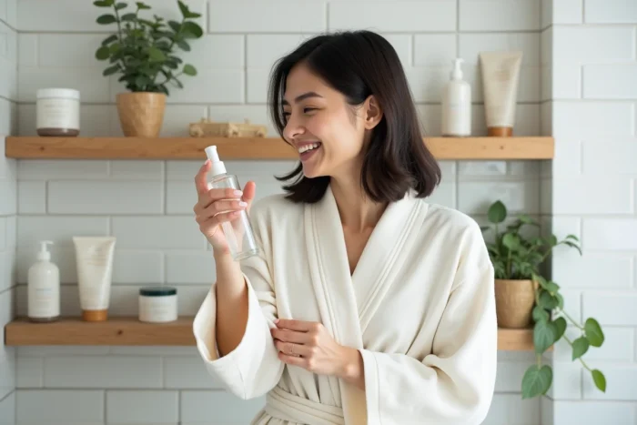Femme utilisant des produits de bien-être haut de gamme dans une salle de bain épurée, ambiance rituel de soin quotidien